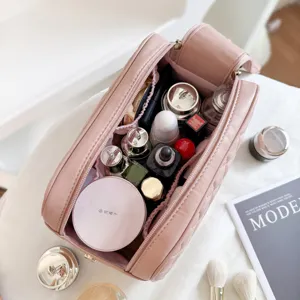 Pink quilted travel makeup bag large capacity zipper cosmetic storage pouch for women