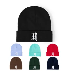 Embroidered Gothic Letter R Knit Beanie Hat Warm Windproof Outdoor Casual Acrylic Ribbed Skull Cap For Men Women Winter