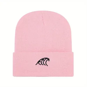 Berretto in maglia rosa con design a onda ricamato nero, cappello caldo invernale casual.