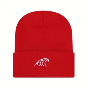 Berretto in maglia rossa con ricamo onda bianca, cappello invernale caldo esterno.