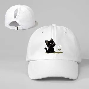 Berretto da baseball bianco con stampa di gatto nero e comoda fibbia regolabile