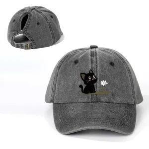 Cappellino da baseball grigio slavato con stampa gatto nero e margherita, regolabile.
