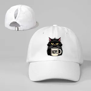 Cappellino da baseball bianco con coda di cavallo, stampa gatto nero NOPE, regolabile.