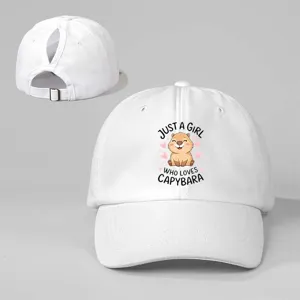 Weißes Damen-Pferdeschwanz-Baseballcap mit süßem Capybara-Grafikdruck und verstellbarem Riemen.