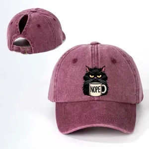 Dettaglio ravvicinato del berretto da baseball vintage slavato con simpatico gatto scontroso.