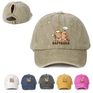 Gewaschener Polyester Capybara Bedruckt Pferdeschwanz Baseball-Kappe Verstellbar Außenbereich Sonnenschutz Atmungsaktiv Runde Krone Gebogene Krempe Sonnenschirm Hut Für Herren Damen