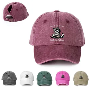 Women Ponytail Baseball Cap Cartoon Raccoon Graphic Printed Curved Brim Hat Adjustable Polyester Outdoor Sunshade Sports Cap