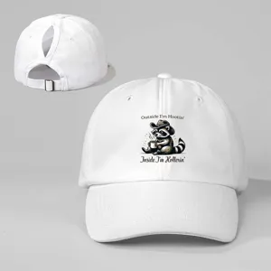 Cute cartoon raccoon ponytail baseball cap for women, adjustable white outdoor sports hat.