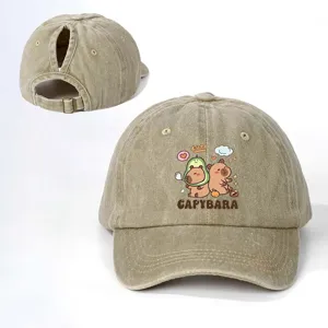 Gewaschene khakifarbene Capybara Zopf Baseball Kappe mit verstellbarem Riemen neu