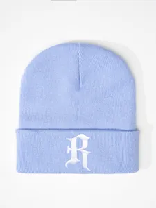 Light blue knitted beanie hat with white gothic letter R embroidery, stylish casual winter cap.