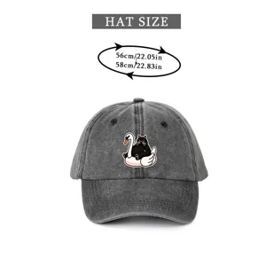 Gorra de béisbol negra lavada vintage con bonito estampado de gato, talla 56-58cm.