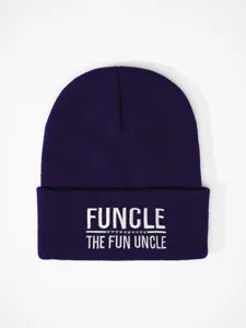 Purple knit beanie hat featuring fun embroidered slogan and ribbed cuff design for winter.