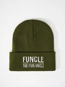 Army green knit beanie hat with embroidered novelty lettering, cozy winter cap detail.
