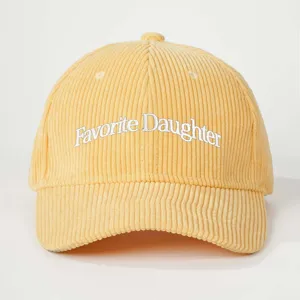 Yellow corduroy baseball cap featuring white embroidered Favorite Daughter text detail.