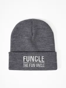 Close-up view of dark grey knitted beanie featuring custom white embroidery text.