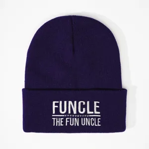 Purple embroidered beanie hat with fun uncle letter design, warm winter knit cap for outdoor daily wear.