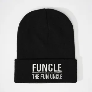 Black knitted beanie hat with embroidered funny uncle text, winter warm slouchy cap.