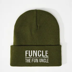 Army green knitted beanie hat with white embroidery fun uncle text stylish winter warm cap