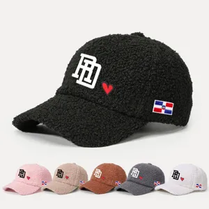 Baseball Cap Polyester Faux Lamb Wool Embroidery RD Heart Flag Curved Brim Adjustable Winter Sun Hat For Women Men Outdoor Casual