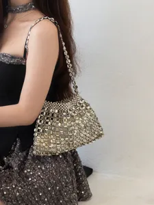 Women Silver Acrylic Beaded Woven Underarm Bag Handmade Hollow Out Shoulder Handbag Fashion Daily Commuting Bag