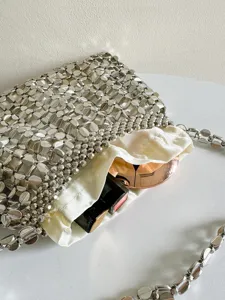 Silver handmade beaded shiny woven handbag, stylish metal disc shoulder underarm bag for women