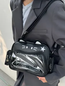 Borsa ita Y2K nera con orecchie di gatto e finestra trasparente, borsa a tracolla trendy dettaglio.