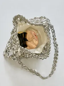 Silver handmade beaded woven handbag shiny shoulder underarm commuter bag for women chic