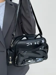 Borsa ita gatto nero Y2K dettaglio con baffi ricamati e tasca frontale trasparente.