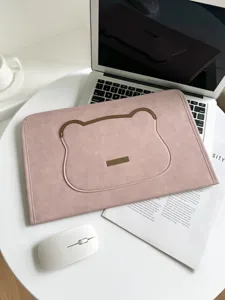 Cute pink leather laptop sleeve case with bear ear design, detailed closeup view for notebooks.