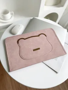 Pink cute bear ear laptop sleeve detail view, soft leather notebook protective case scene.