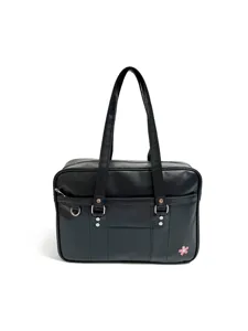 Black Japanese JK uniform bag detail, PU leather school shoulder handbag with pink sakura.