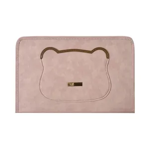 Cute pink PU leather laptop sleeve detailed with brown bear outline and metal decor plate.