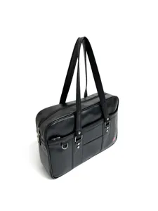 Detailed view of black Japanese JK uniform bag, PU leather tote shoulder bag for women commute.