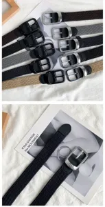 Detailed view of fashionable woven elastic canvas belts with metallic buckles for versatile styling.