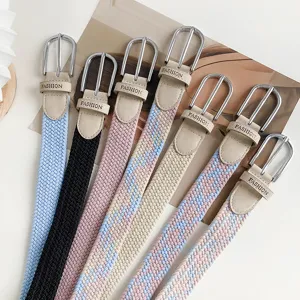 Women's braided elastic belt canvas stretch waist band with silver buckle fashion item