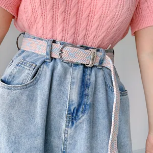 Woven canvas belt for women, elastic stretch braided design with metal buckle, casual fashion.