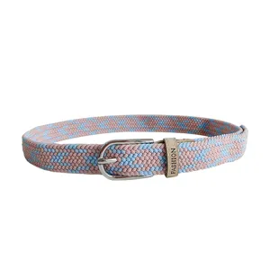 Women woven elastic belt pink blue canvas casual jeans belt with stylish metal buckle