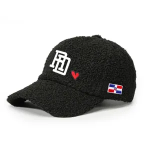 Black sherpa baseball cap featuring embroidered RD letters, red heart accent, and flag patch detail.