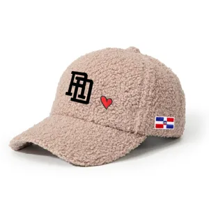 Beige Sherpa Teddy Fleece Baseball Cap with RD Letter and Heart Embroidery Adjustable