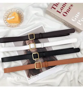 Minimalist women thin leather belt with square gold buckle, versatile solid color pants strap.