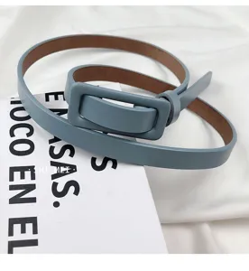 Minimalist blue leather belt for women, slim dress waist accessory, elegant style.