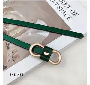 Women's thin green leather dress belt with elegant gold metal buckle for stylish suit wear