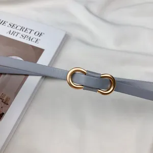 Minimalist gray thin leather belt for women, elegant gold buckle dress waist accessory, chic style