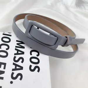 Minimalist slim leather belt for women, grey waist belt with square buckle, chic dress accessory.