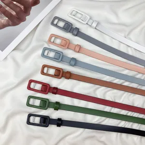 Minimalist women's thin leather belt with square buckle, perfect dress accessory for summer.