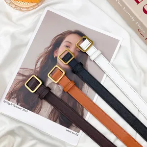 Women's Casual Retro PU Leather Belt Fashion Ins Style Minimalist Thin Waistband With Square Metal Buckle