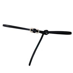 Women black thin leather belt with gold metal ring buckle for dress suit daily wear.