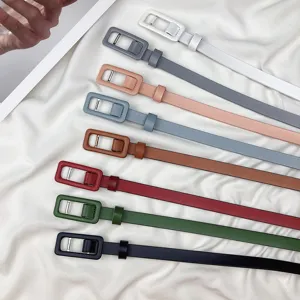 Women's minimalist genuine leather thin belt with square buckle, versatile dress waist belt