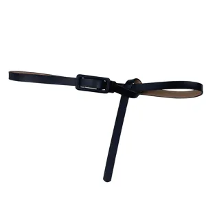 Minimalist black genuine leather thin belt for women, chic dress waist accessory, versatile.