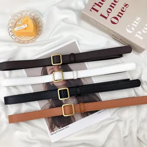 Women's holeless thin belt vintage square metal buckle fashion casual waist belt summer chic